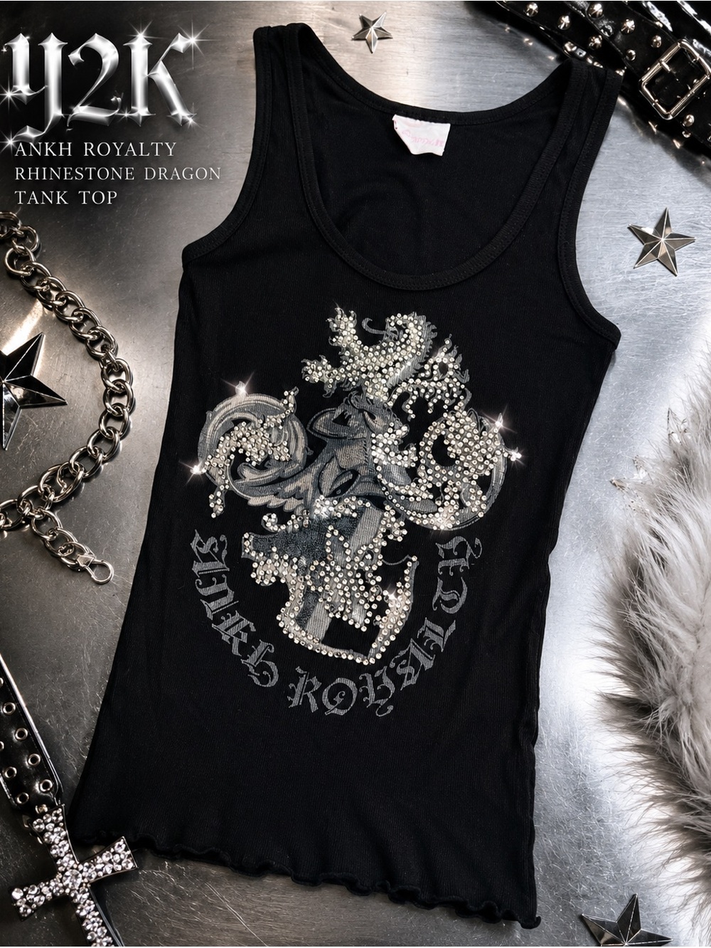 Ankh Royalty Y2K Rhinestone Dragon Black Tank Top XS